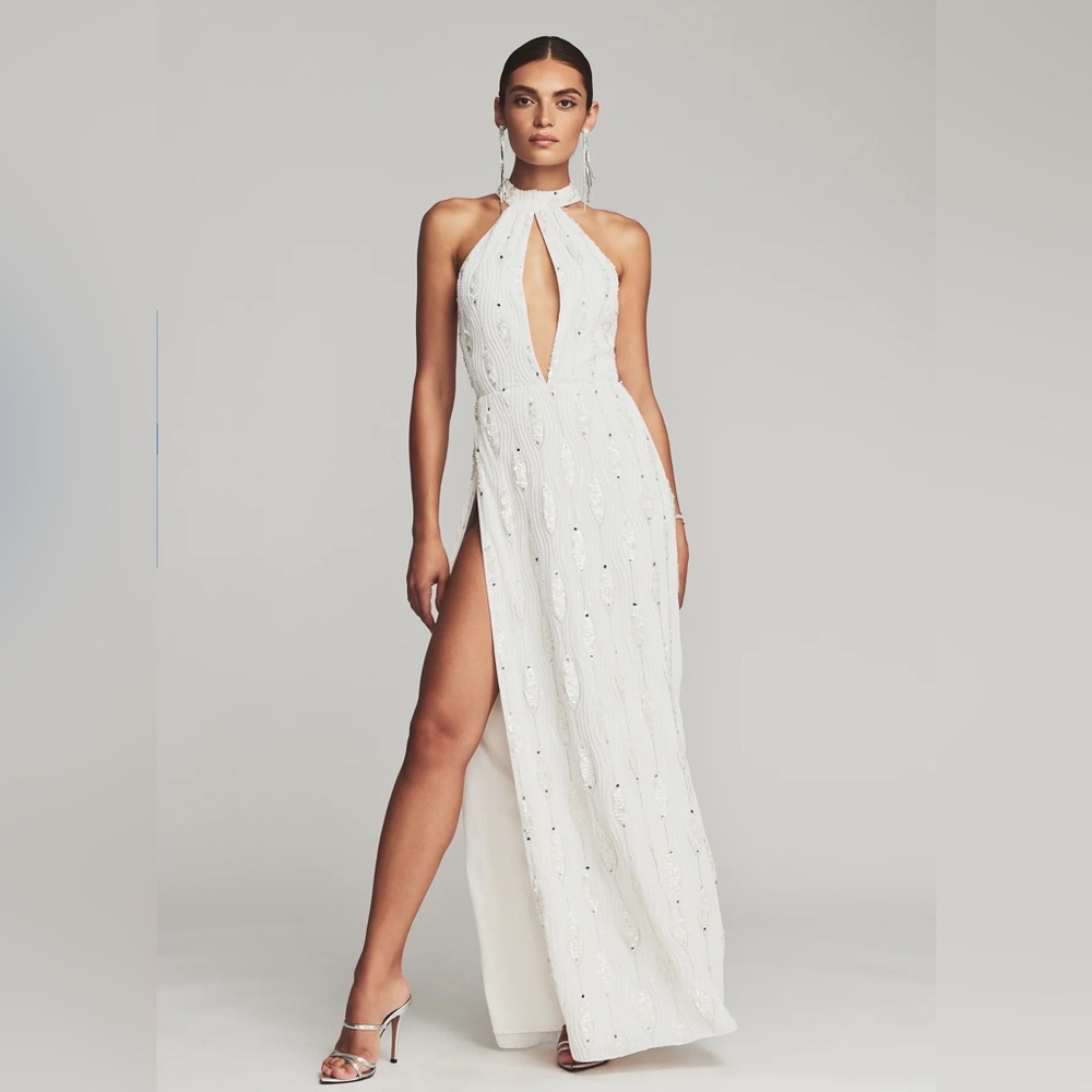 Retrofete White Halter Sequin Gown